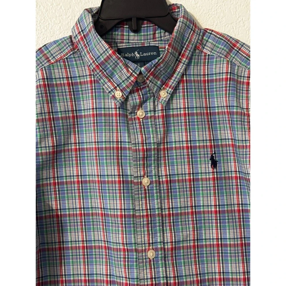 Ralph Lauren Plaid Short Sleeve Button Down Shirt Boys Size 6 Blue Red Green‎